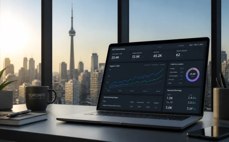 Laptop on a desk shows a dark analytics dashboard with graphs, city skyline at sunset outside window.