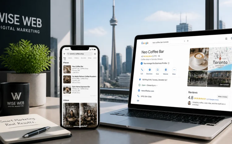 Desk scene showing a laptop and a smartphone displaying local search results for coffee shops in Toronto, with a Wise Web sign and plants in the background.