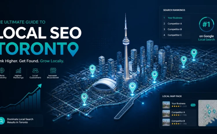 Blue-toned Toronto skyline with glowing map pins and the bold text 'Local SEO Toronto' across the left side, signaling a local search banner.