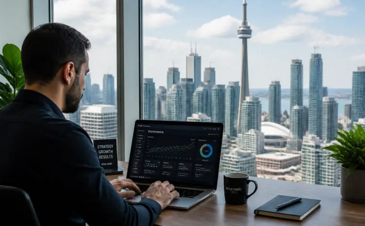Man working on a laptop at a desk by a window overlooking a city skyline with tall skyscrapers.