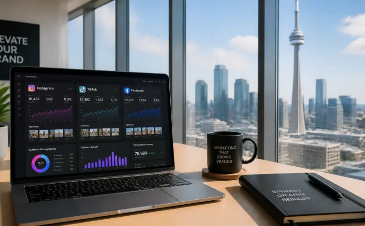9P5RKD6tmSL | Wiseweb Laptop showing social media analytics on a bright office desk, with a plant, a mug that says 'MARKETING THAT GROWS BRANDS', and a city skyline through large windows.