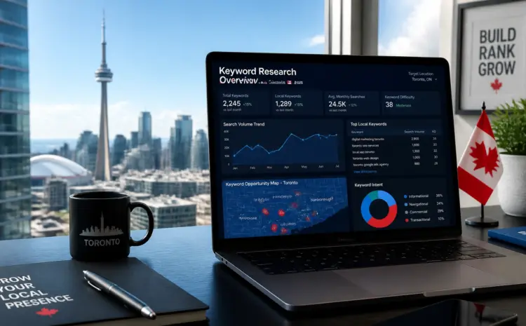 Laptop on a desk showing a 'Keyword Research Overview' dashboard with graphs, in front of a city skyline including the CN Tower; a black TORONTO mug and a Canadian flag nearby.