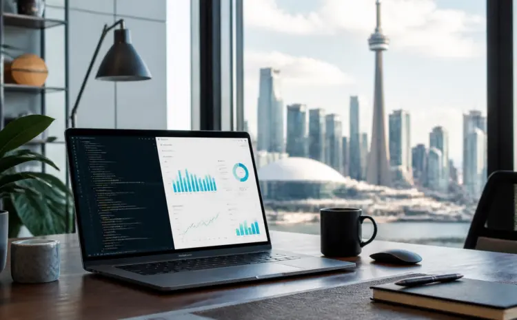 J1Nm36FCno0 | Wiseweb Laptop on a desk showing code and charts; city skyline visible through a large window behind.