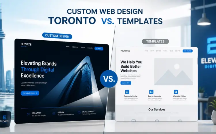 N-Yak874TJO | Wiseweb Two overlapping website mockups side by side showing 'Custom Design' vs 'Templates' with a blue VS circle, in a modern office setting.