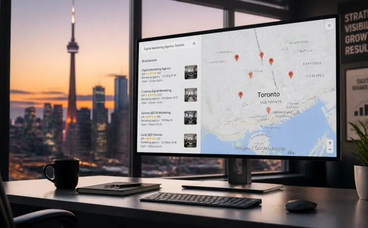 P-MWnYASIF7 | Wiseweb Desk setup with a monitor showing a Toronto map and multiple red location pins, beside a list of marketing agencies, at sunset.