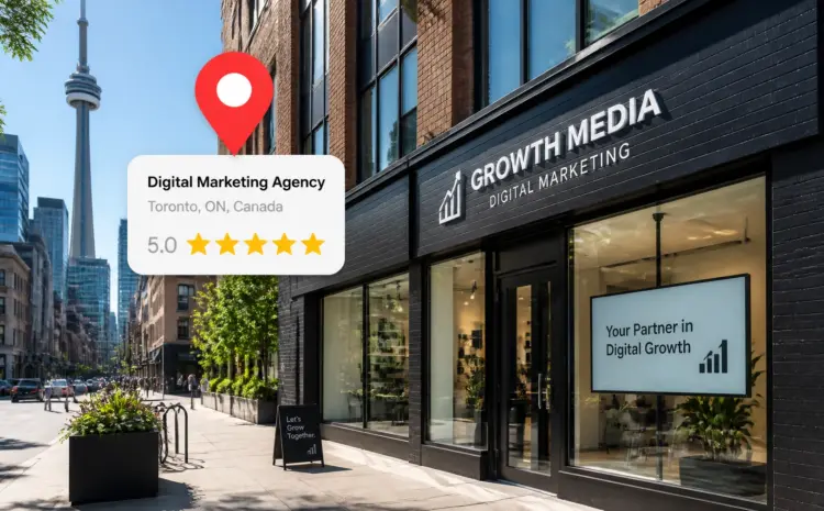 Storefront of a digital marketing agency on a sunny city street with a red location pin and a white info card showing 'Digital Marketing Agency, Toronto, ON, Canada' and a 5.0 rating ★★★★★.