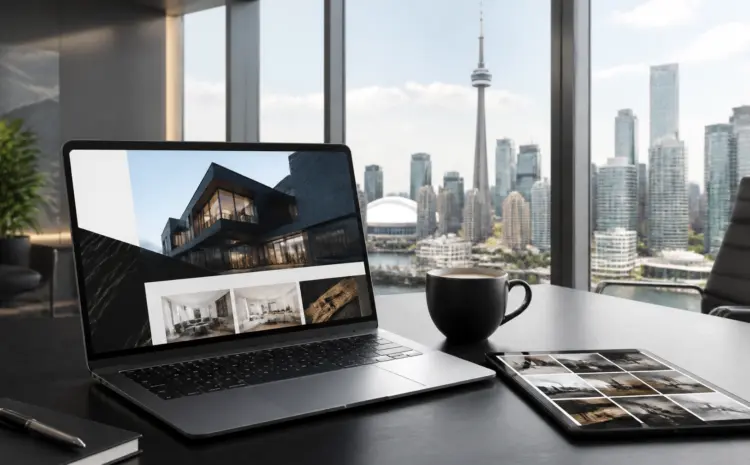 ZH-MFQ4Caop | Wiseweb Laptop and tablet on a dark desk with a city skyline visible through large windows; a black coffee mug nearby.