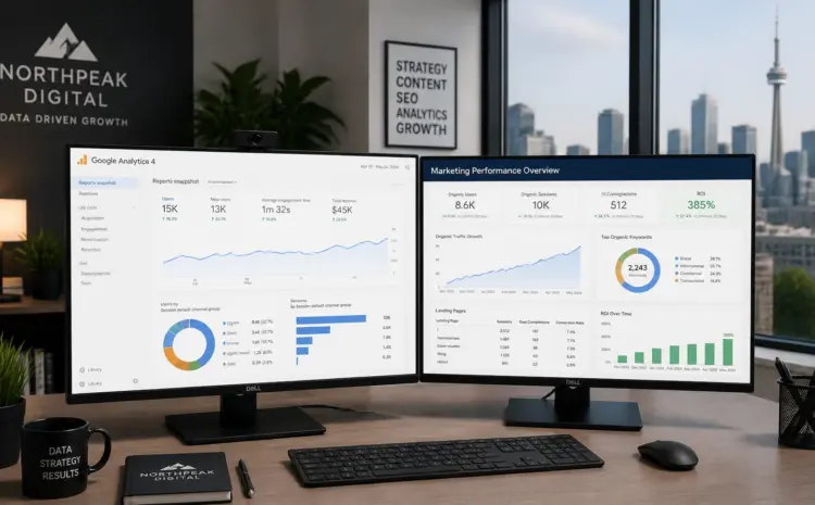 a0RY-UZ1QKe | Wiseweb Dual monitors on a desk displaying data dashboards (Google Analytics and marketing metrics) with a city skyline outside the window.