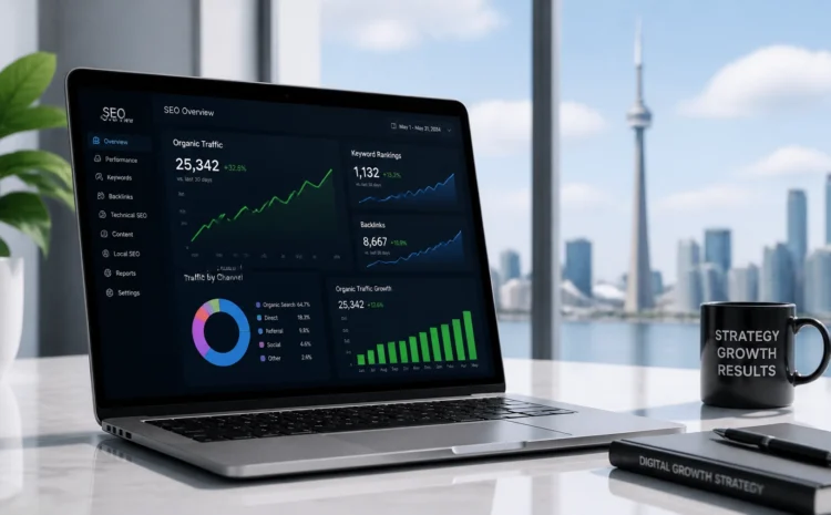 cwyNKPrSn5d | Wiseweb Laptop displaying an SEO analytics dashboard with charts; city skyline and a mug reading STRATEGY GROWTH RESULTS nearby.