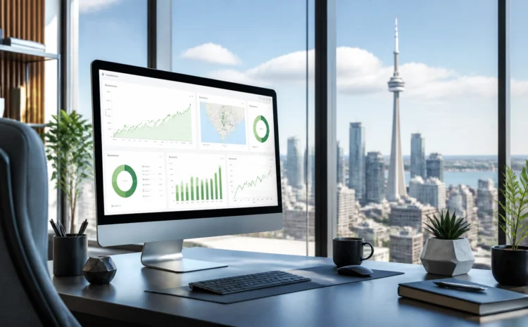 irrSR_CQ1oM | Wiseweb Desktop computer on a modern office desk displaying multiple analytics dashboards with graphs and maps, city skyline visible through large windows in the background.