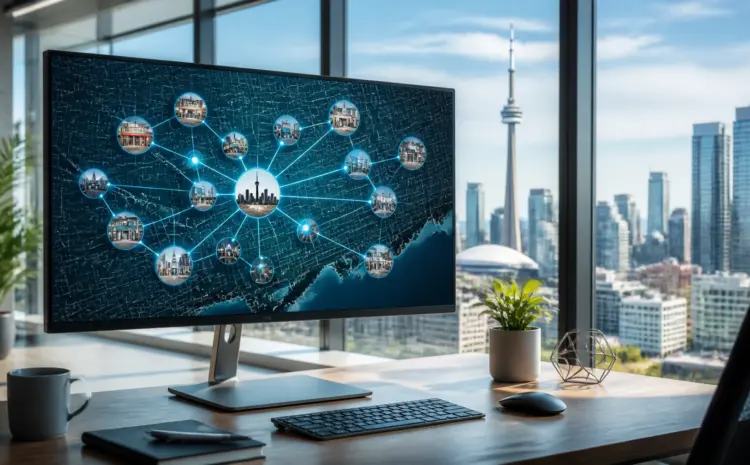 Monitor displaying a network diagram with circular city images connected by blue lines in a modern office setting, with a city skyline outside the window