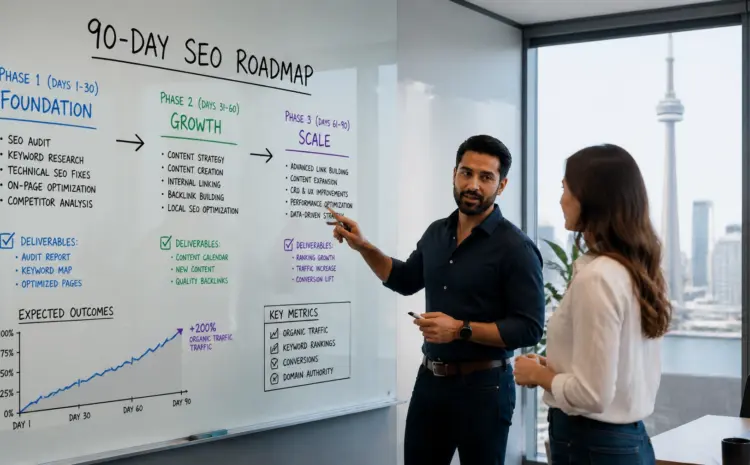 rNlVWjt7_2A | Wiseweb Two professionals discuss a whiteboard titled '90-Day SEO Roadmap' showing three phases: Foundation, Growth, and Scale with bullet lists and arrows.