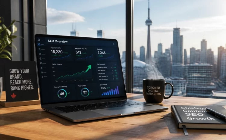 ziBzPwiIDnA | Wiseweb Laptop displaying an SEO analytics dashboard on a wooden desk with a city skyline visible through large windows and a steaming mug nearby.